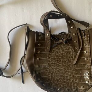 Croc-Embossed Studded Brown Shoulder Bag